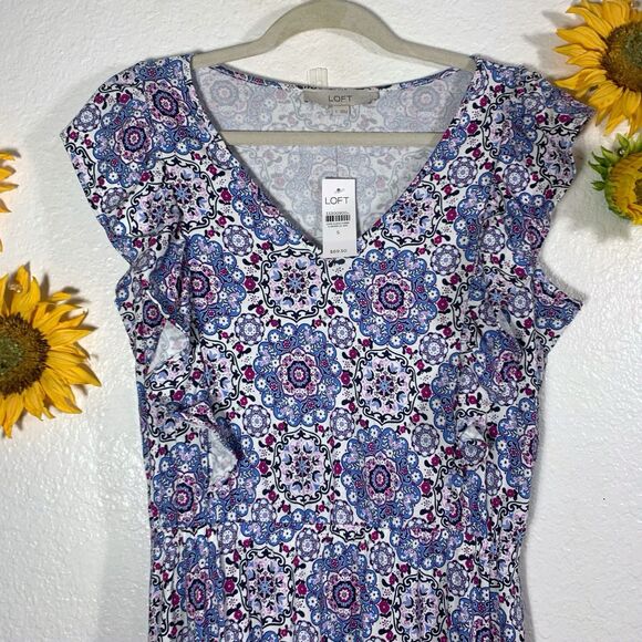 LOFT NWT $69 Pattern Ruffle Short Sleeve Skater Dress Size Small Womens - Picture 3 of 10